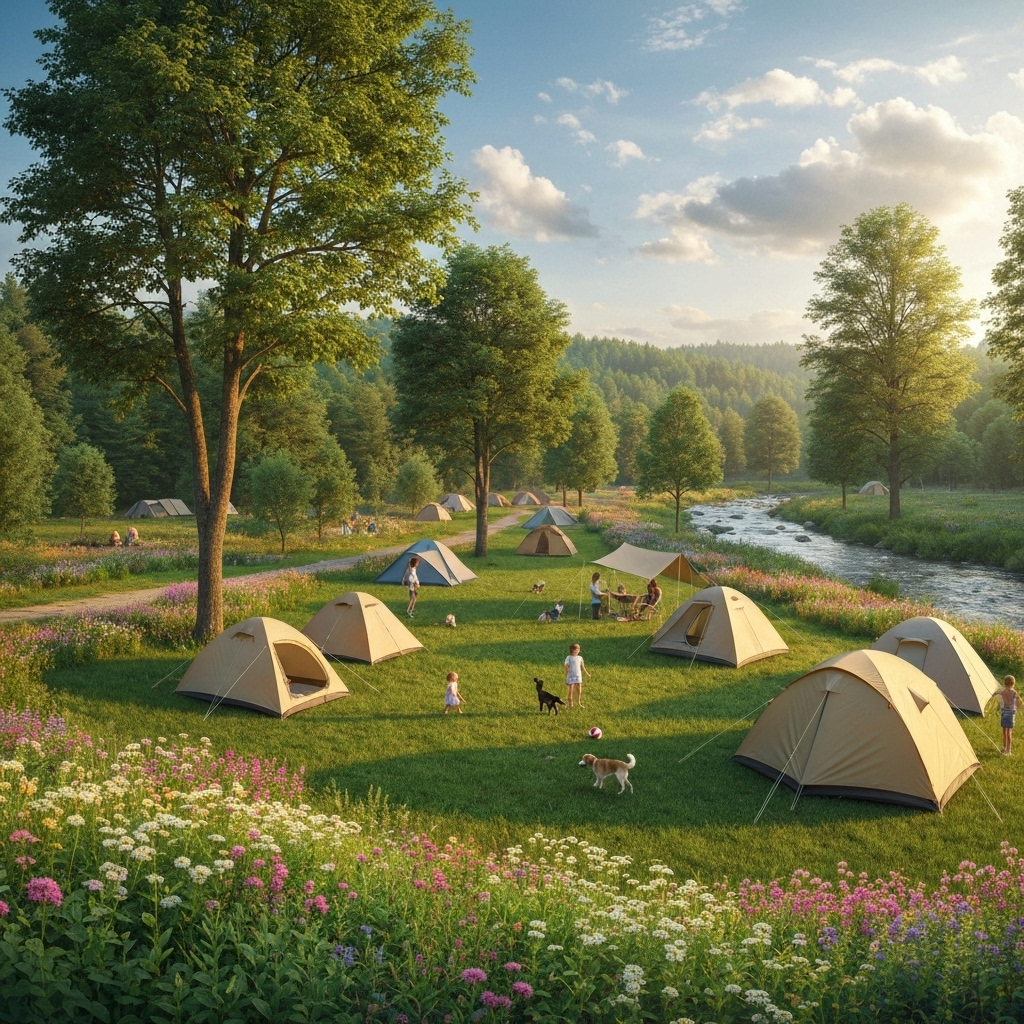 Beautiful camping ground with RVs and tents nestled among trees