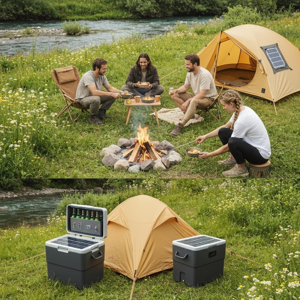 Eco-friendly camping ground with solar panels and recycling